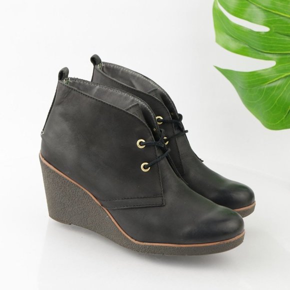 Sperry Women's Harlow Boot Size 10 Wedge Heel Lace Up Black Leather Boho Bootie - Picture 2 of 12